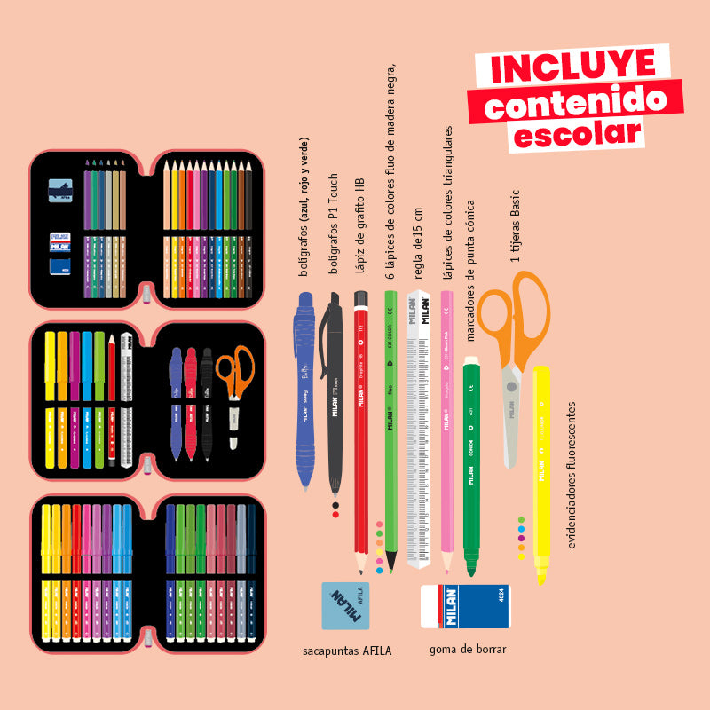 Estuche Milan con Útiles - 3 Niveles Naranja
