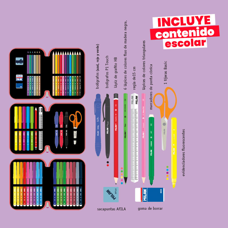 Estuche Milan con Útiles - 3 Niveles Violeta
